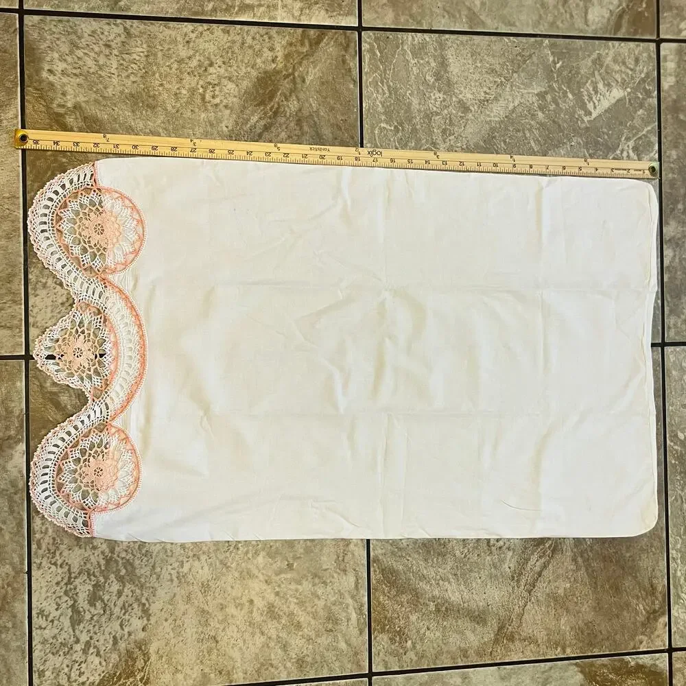Vintage Pillowcase Crochet Lace Trim Peach Cream Floral Scallop Cottage Decor